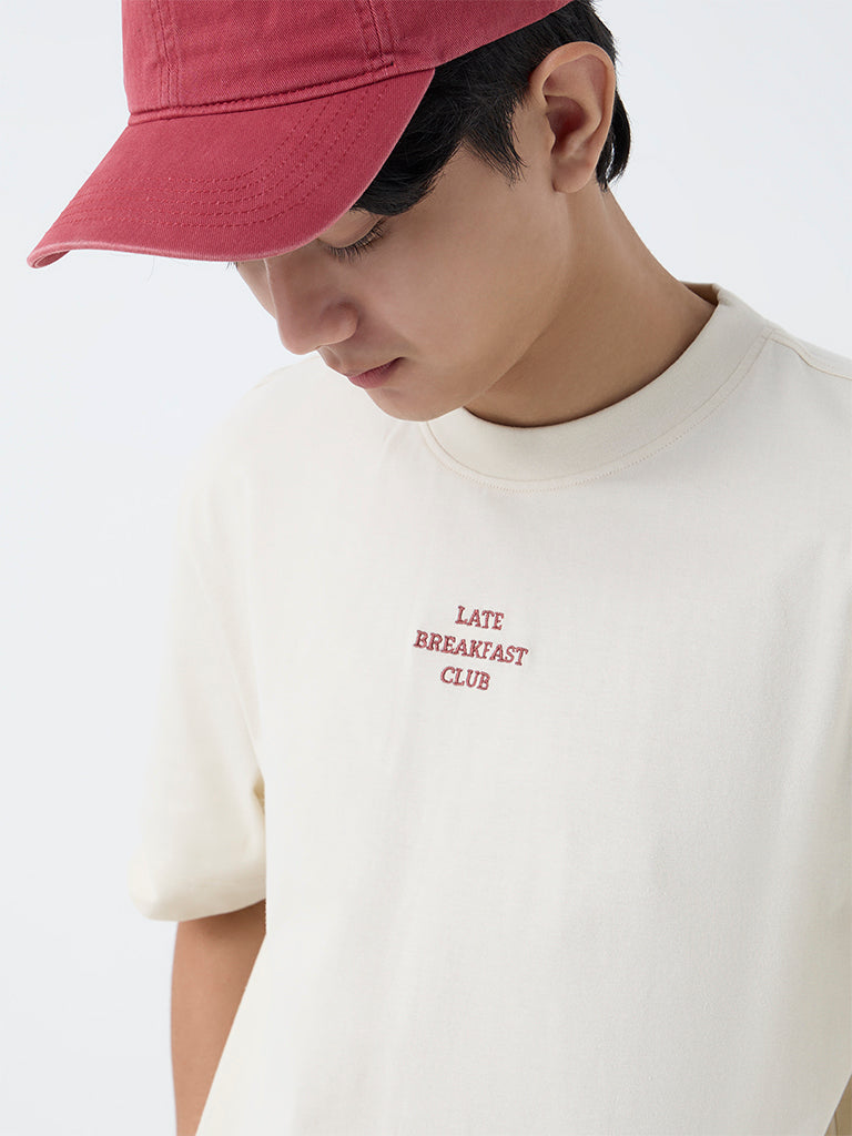 Nuon Beige Text Design Relaxed-Fit Cotton T-Shirt