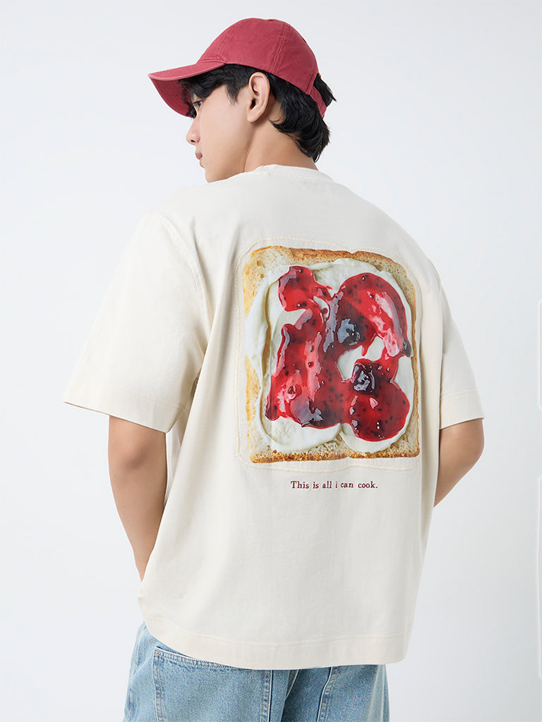 Nuon Beige Text Design Relaxed-Fit Cotton T-Shirt