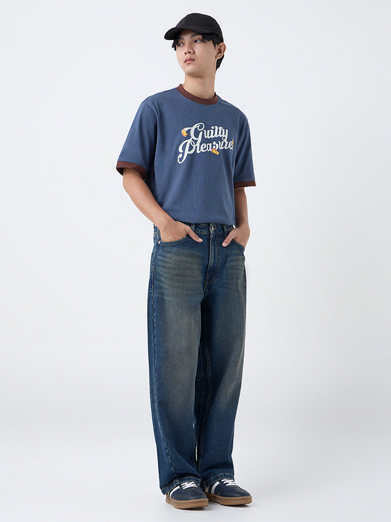 Nuon Dusty Blue Typographic Relaxed-Fit Cotton T-Shirt