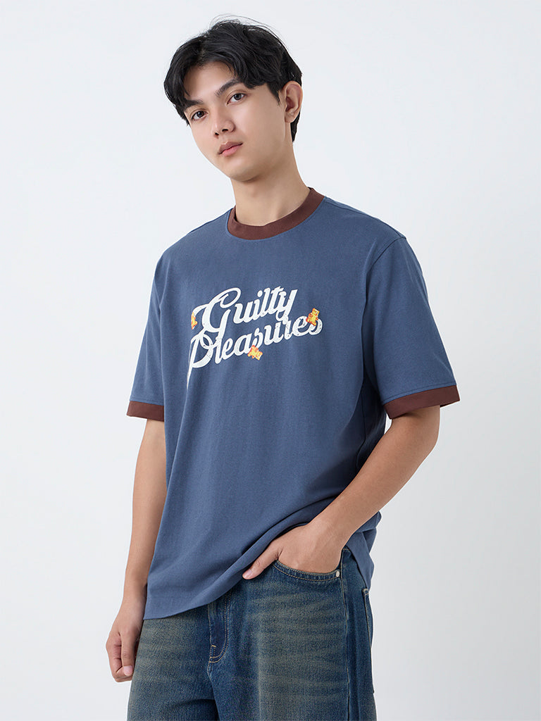 Nuon Dusty Blue Typographic Relaxed-Fit Cotton T-Shirt