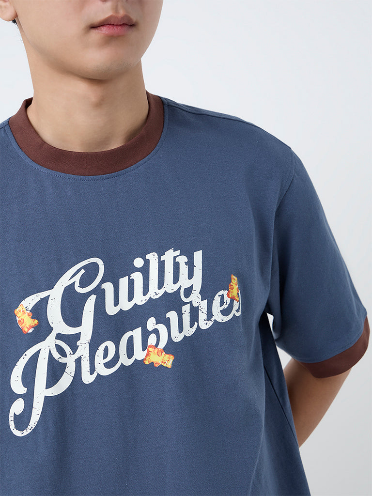 Nuon Dusty Blue Typographic Relaxed-Fit Cotton T-Shirt