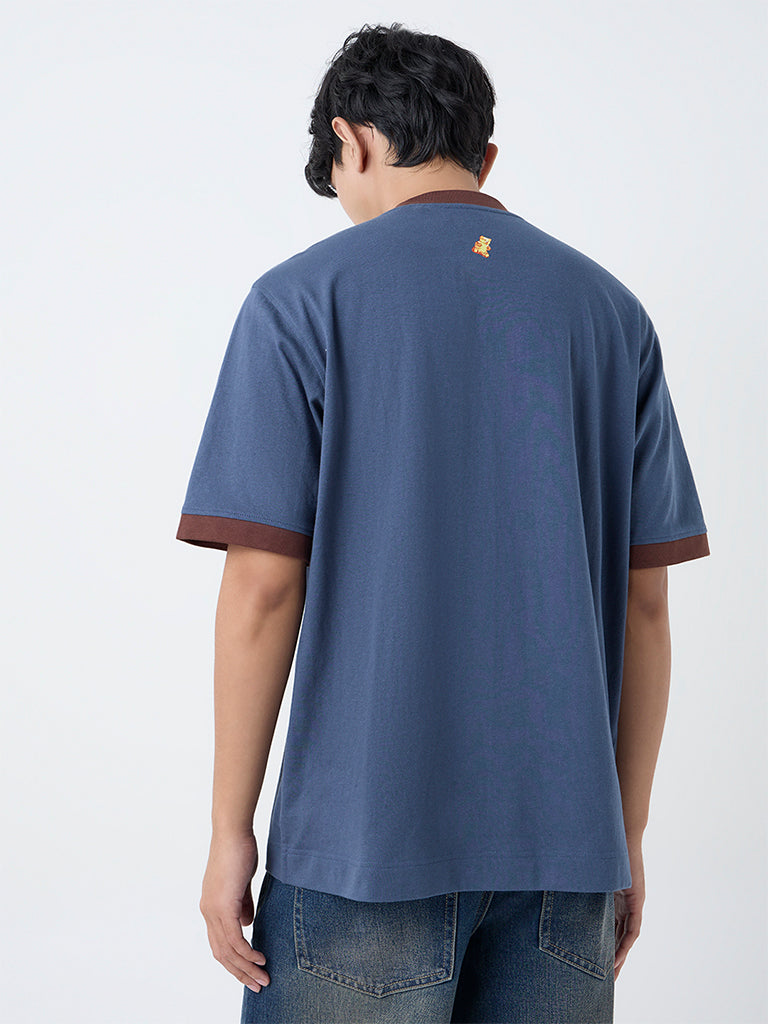Nuon Dusty Blue Typographic Relaxed-Fit Cotton T-Shirt