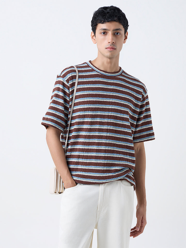 Nuon Brown Striped Relaxed-Fit Cotton-Blend T-Shirt
