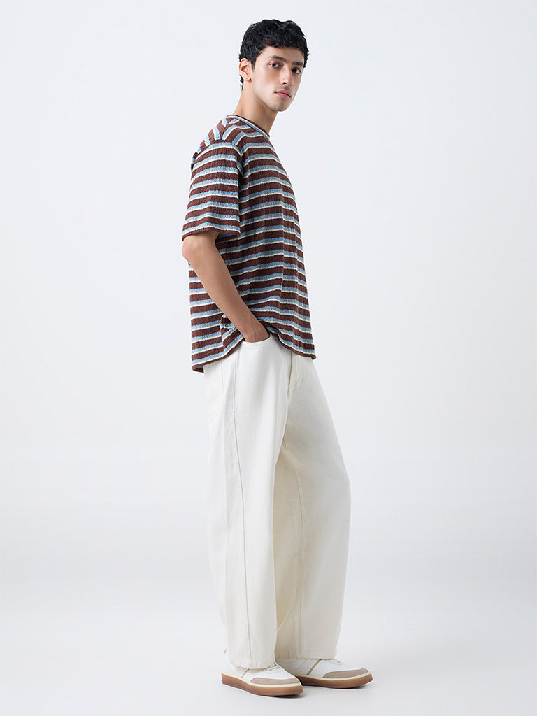 Nuon Brown Striped Relaxed-Fit Cotton-Blend T-Shirt
