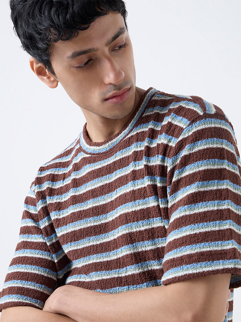 Nuon Brown Striped Relaxed-Fit Cotton-Blend T-Shirt