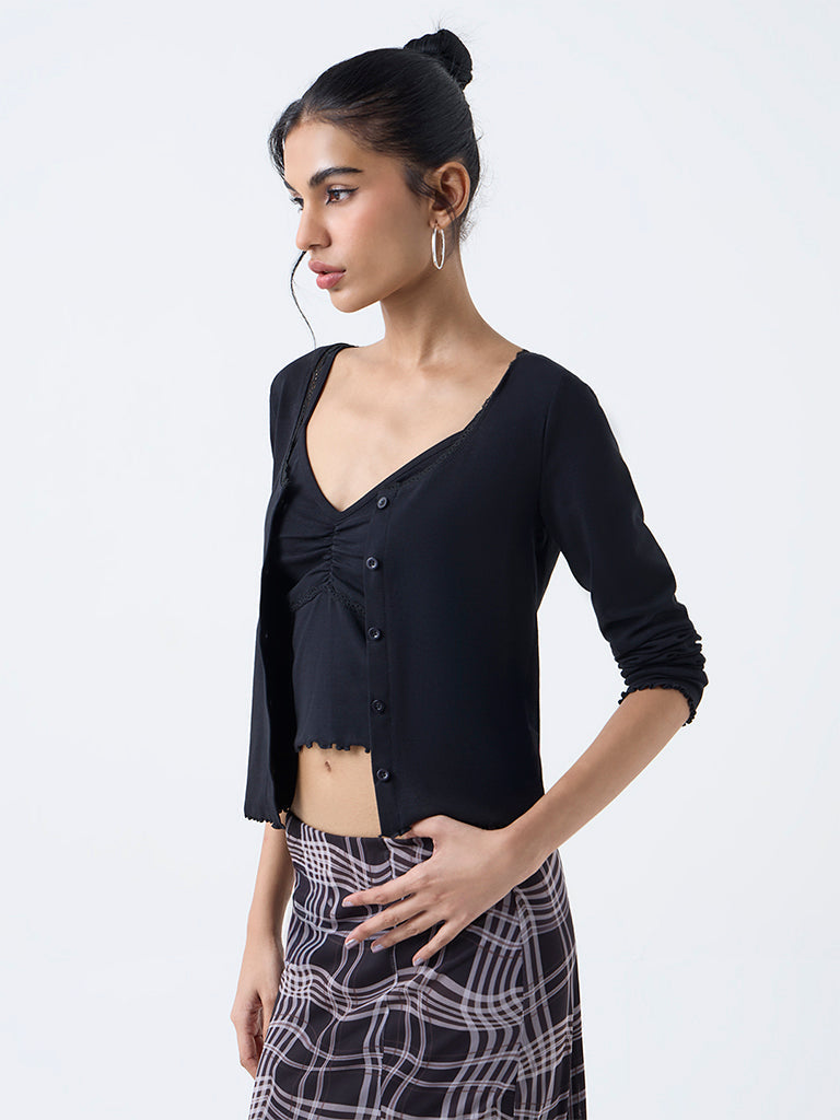 Nuon Black Lace-Detail Cotton-Blend Top