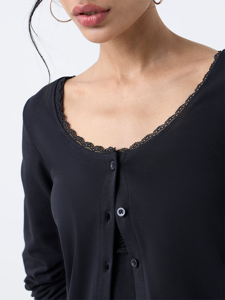 Nuon Black Lace-Detail Cotton-Blend Top