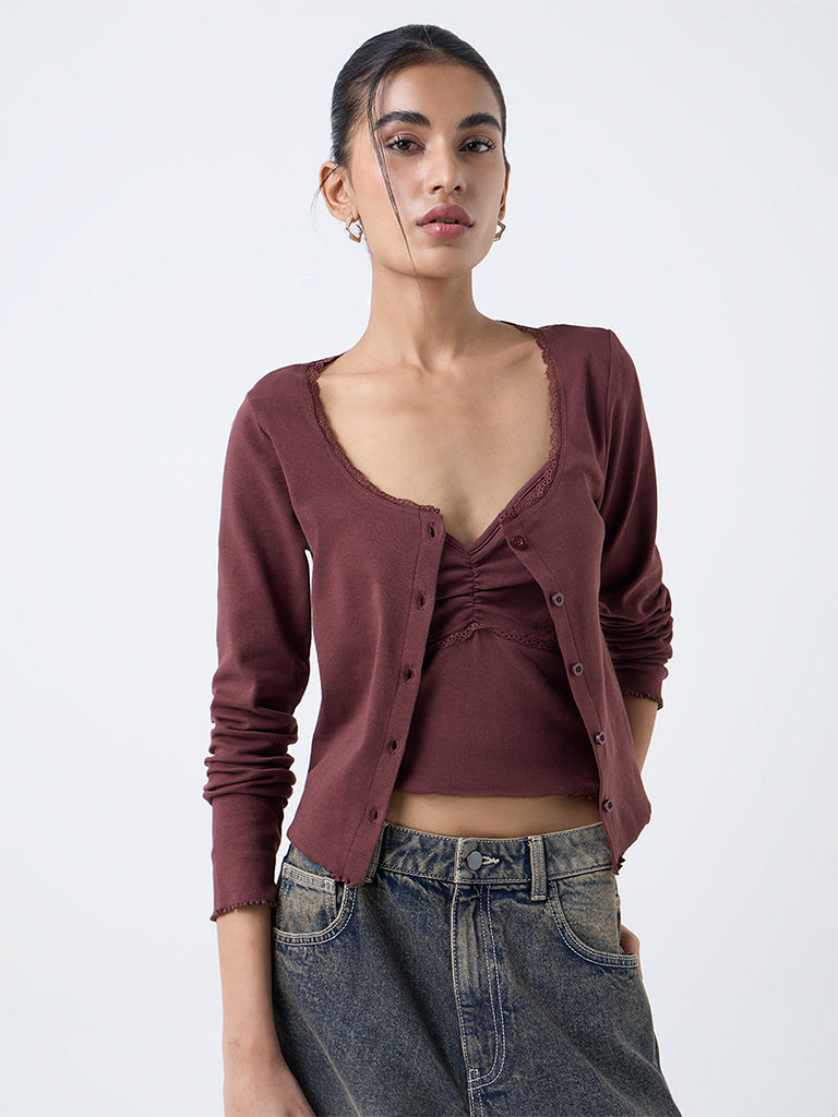 Nuon Brown Lace-Detail Top