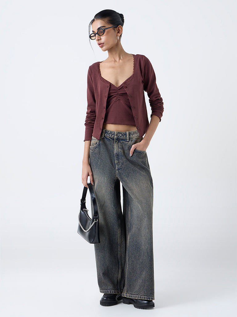 Nuon Brown Lace-Detail Top