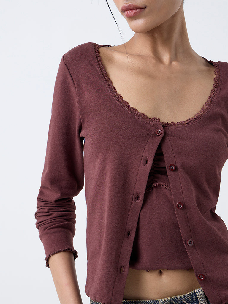 Nuon Brown Lace-Detail Top