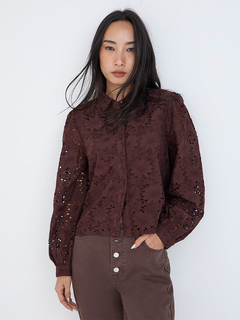 LOV Dark Brown Schiffli Embroidered Cotton Shirt