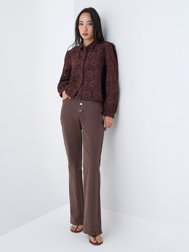 LOV Dark Brown Schiffli Embroidered Cotton Shirt