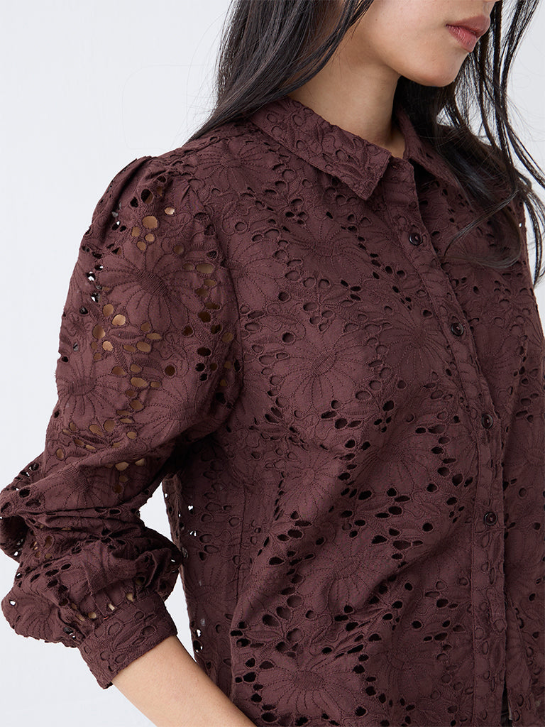 LOV Dark Brown Schiffli Embroidered Cotton Shirt