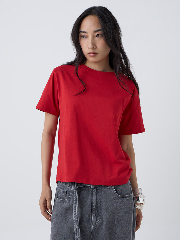 LOV Red Solid Cotton T-Shirt