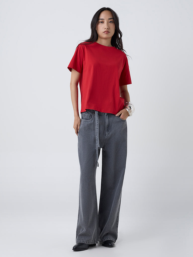 LOV Red Solid Cotton T-Shirt