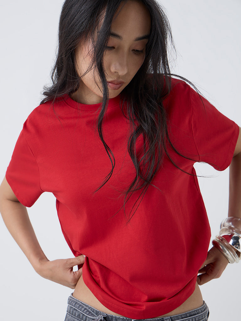 LOV Red Solid Cotton T-Shirt