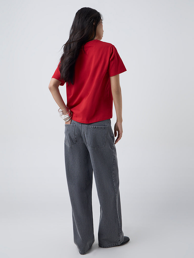 LOV Red Solid Cotton T-Shirt