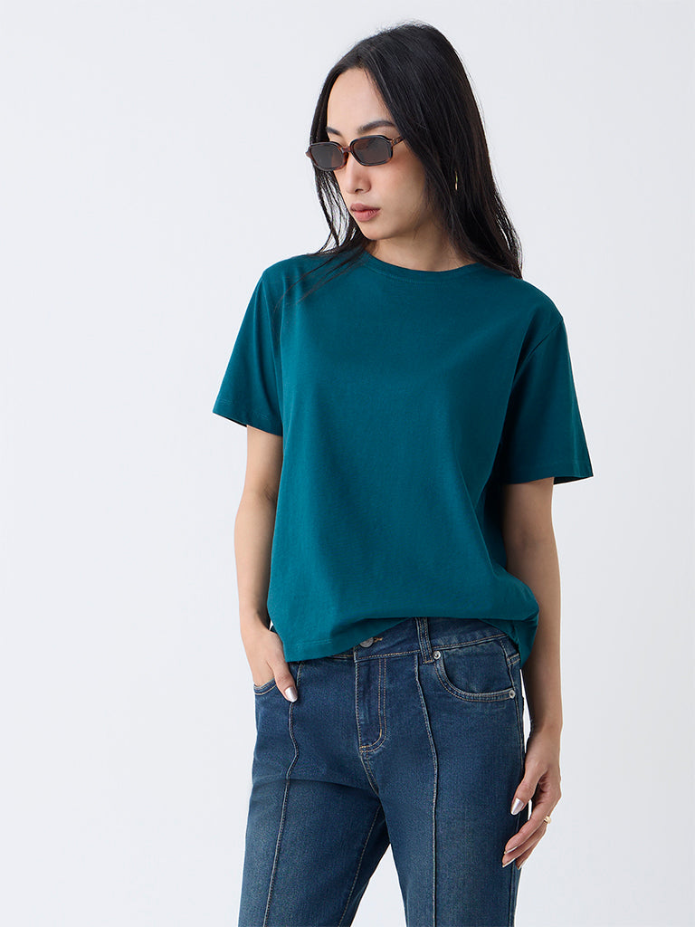 LOV Teal Solid Cotton T-Shirt
