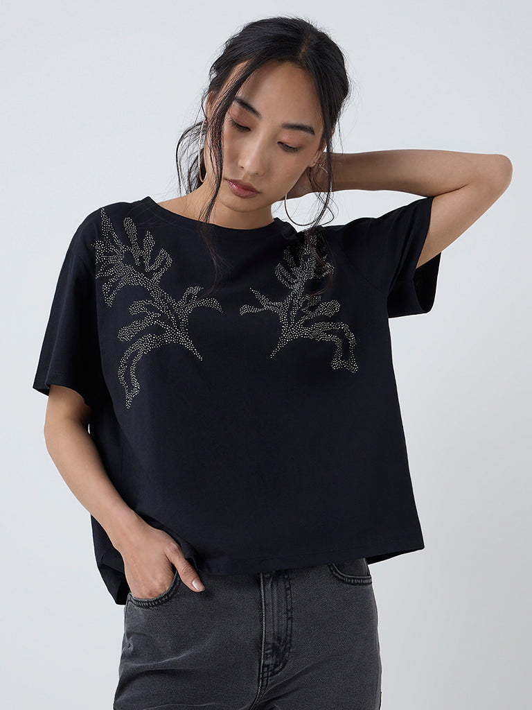 LOV Black Embellished Cotton T-Shirt