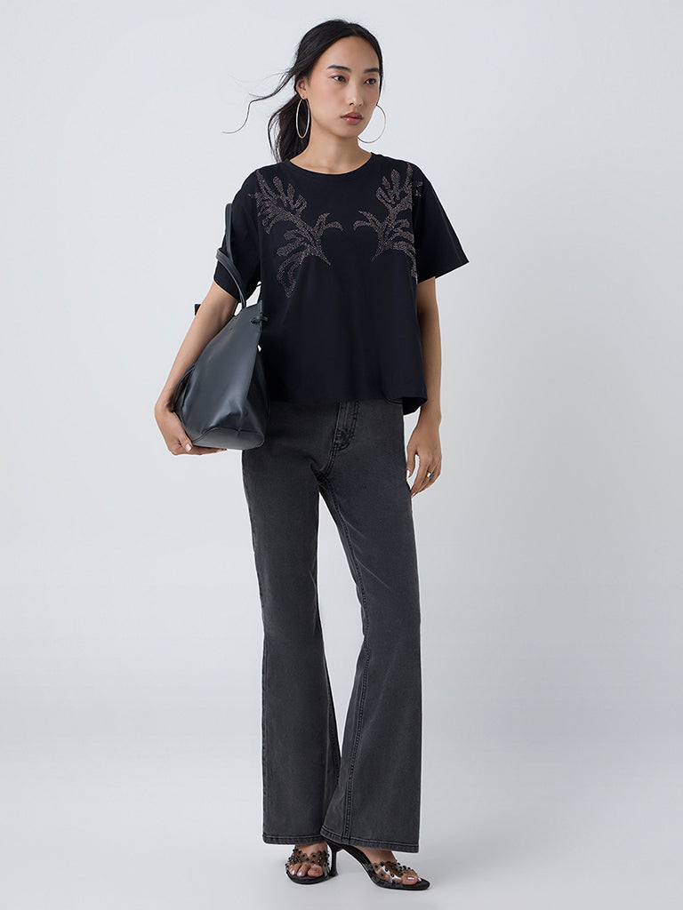 LOV Black Embellished Cotton T-Shirt