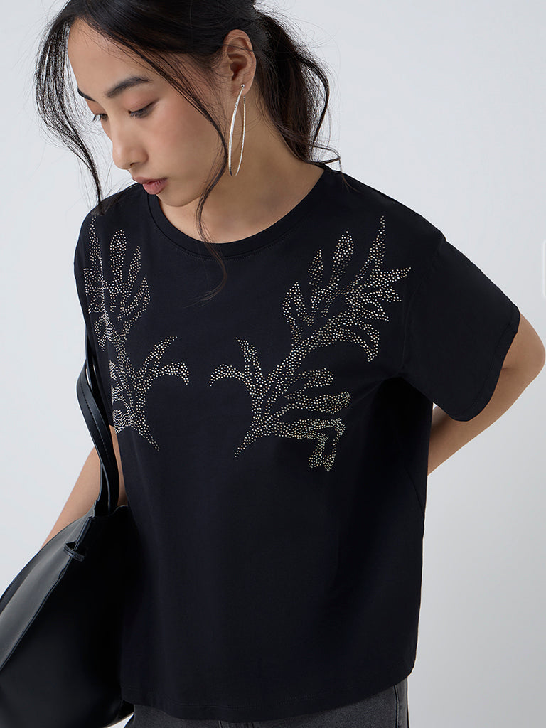 LOV Black Embellished Cotton T-Shirt