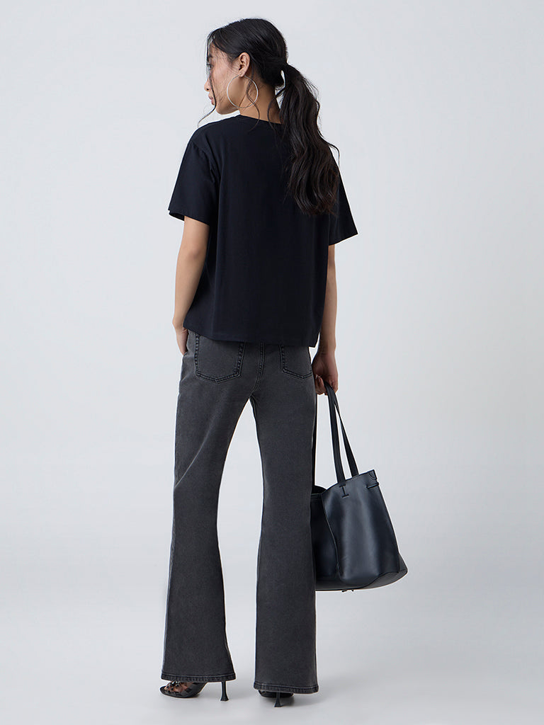 LOV Black Embellished Cotton T-Shirt