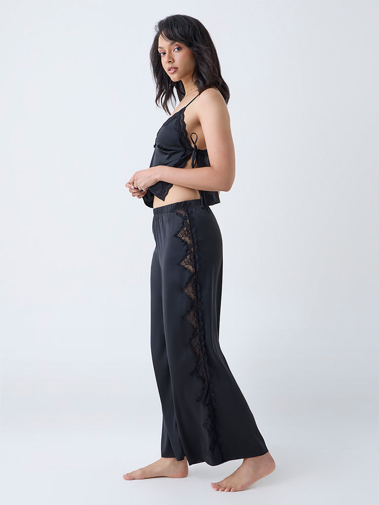 Wunderlove Black Lace-Detailed High-Rise Satin Pants