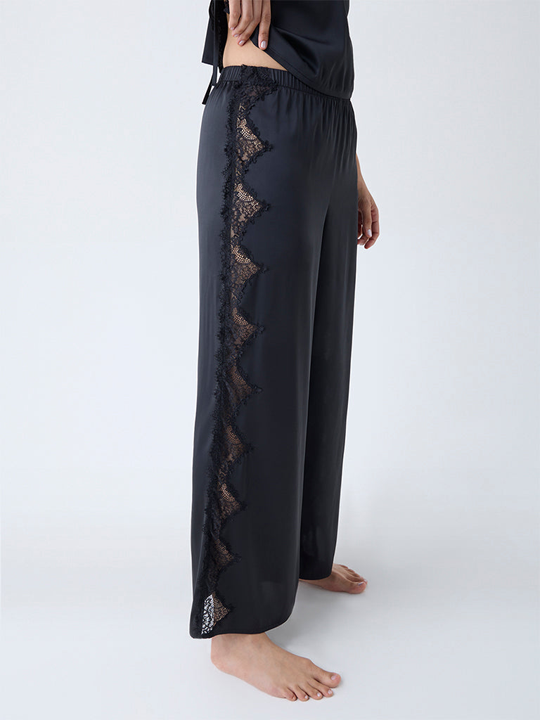 Wunderlove Black Lace-Detailed High-Rise Satin Pants