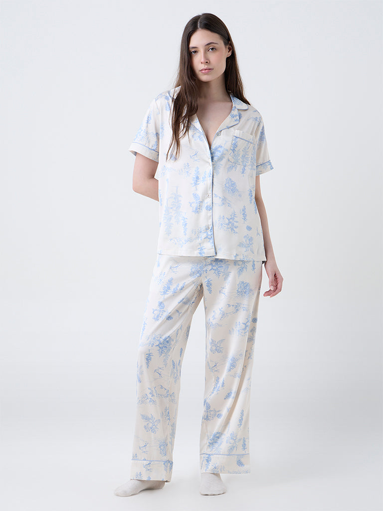 Wunderlove Blue Printed Satin Shirt and Pyjamas Set