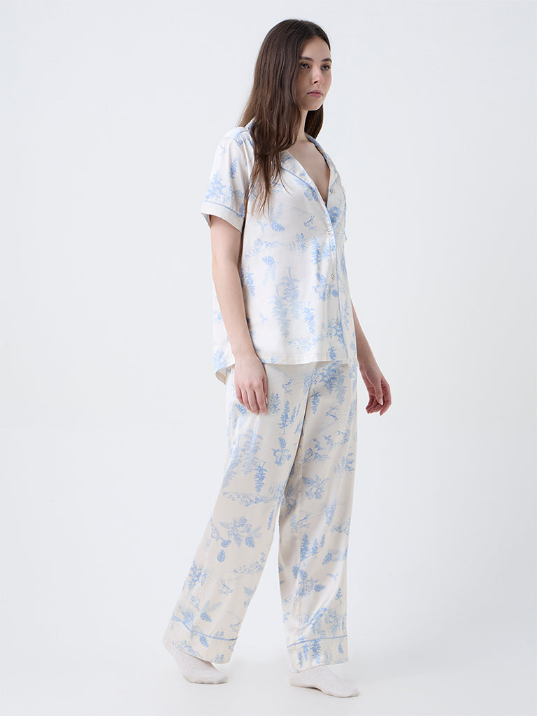 Wunderlove Blue Printed Satin Shirt and Pyjamas Set