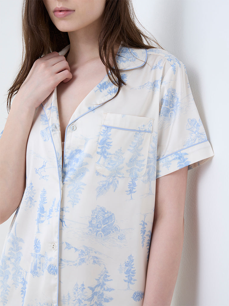 Wunderlove Blue Printed Satin Shirt and Pyjamas Set