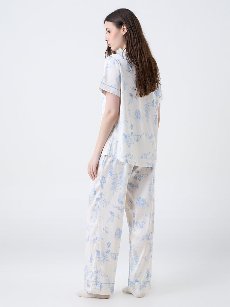 Wunderlove Blue Printed Satin Shirt and Pyjamas Set