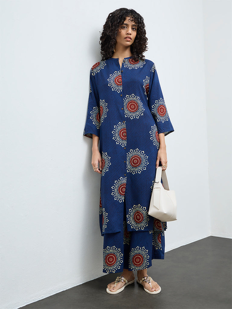 Utsa Indigo Geometric Printed A-Line Kurta
