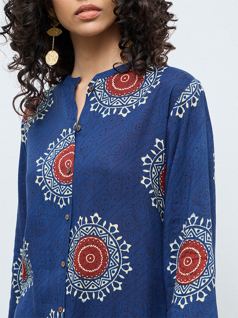 Utsa Indigo Geometric Printed A-Line Kurta