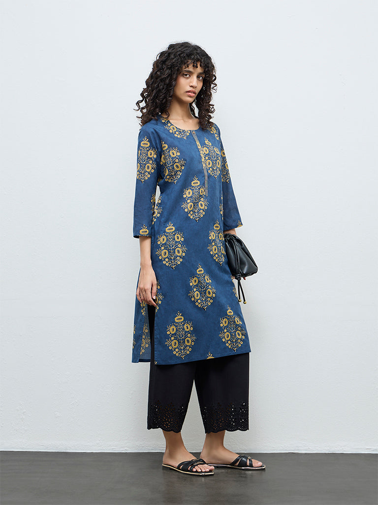 Utsa Indigo Foliage Printed Cotton Straight Kurta