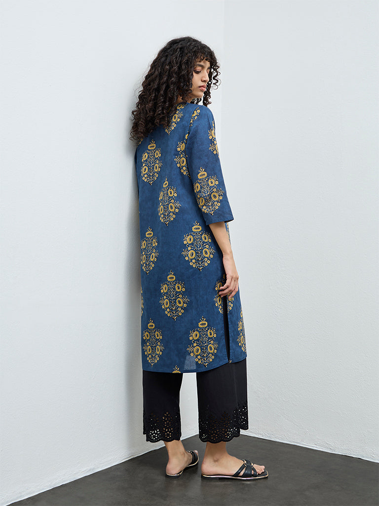 Utsa Indigo Foliage Printed Cotton Straight Kurta