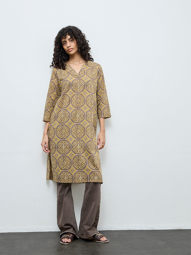 Utsa Dark Yellow Printed Cotton Straight Kurta
