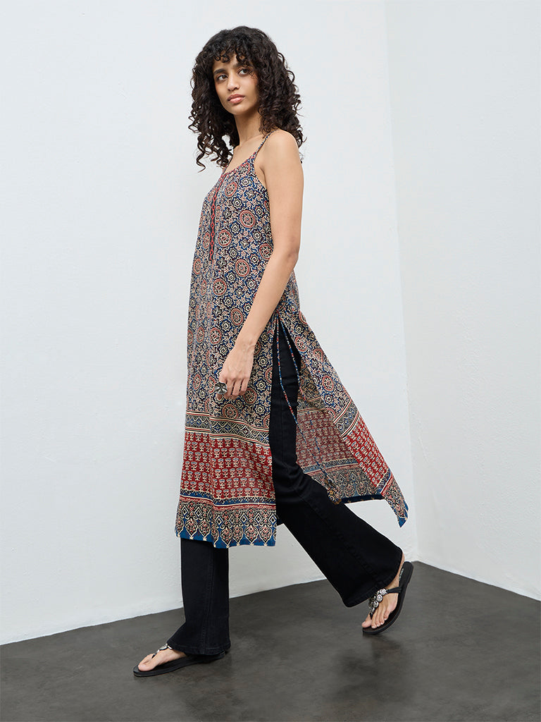 Utsa Indigo Printed Cotton A-Line Kurta