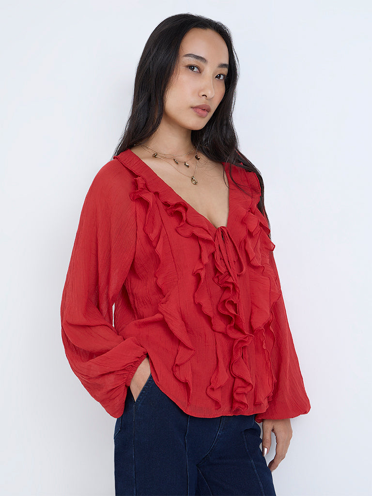 LOV Red Ruffle Detailed Top