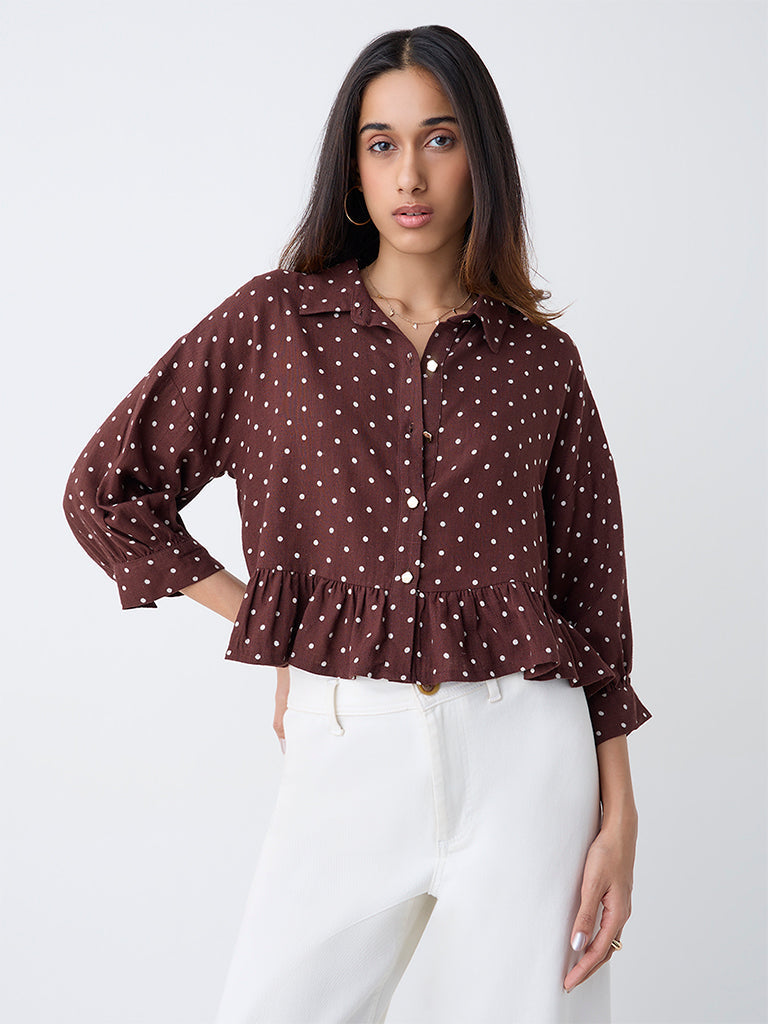 LOV Dark Brown Polka Dotted Peplum Top