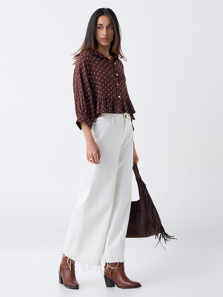 LOV Dark Brown Polka Dotted Peplum Top