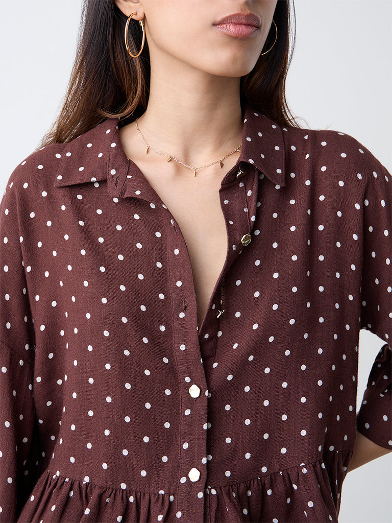 LOV Dark Brown Polka Dotted Peplum Top