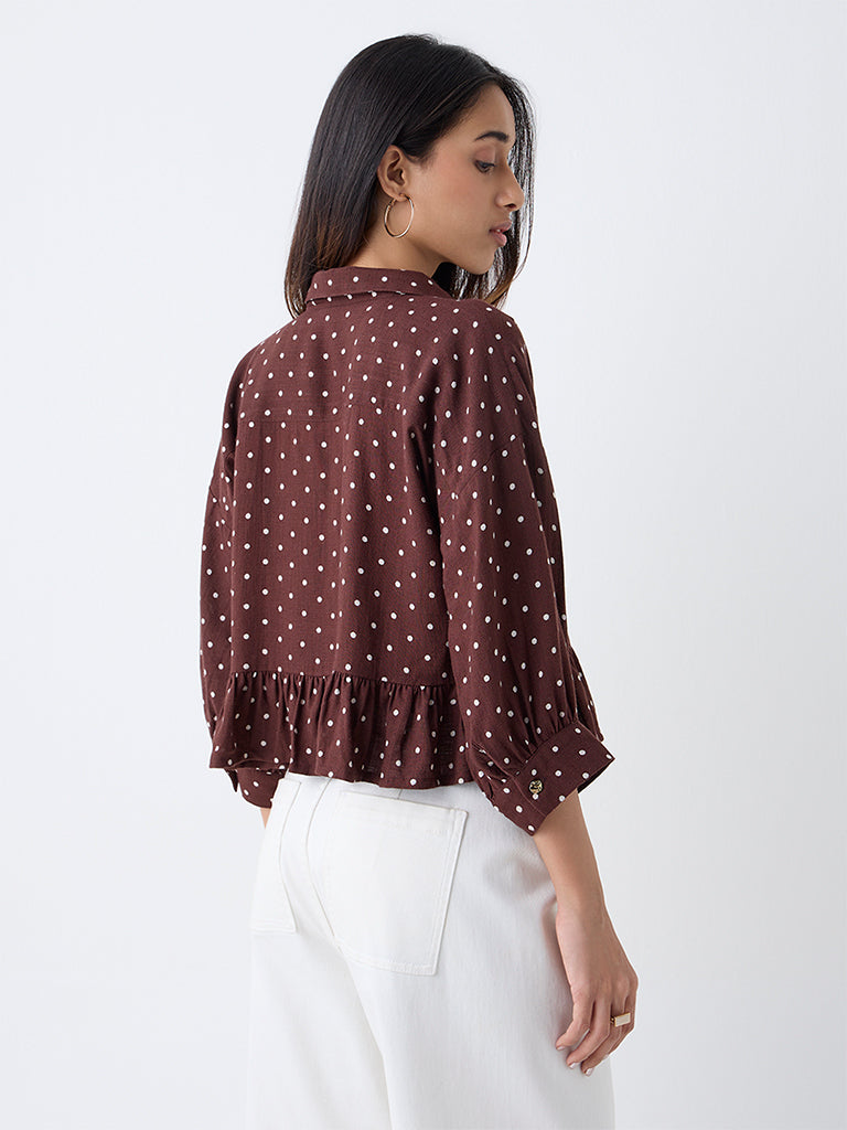 LOV Dark Brown Polka Dotted Peplum Top