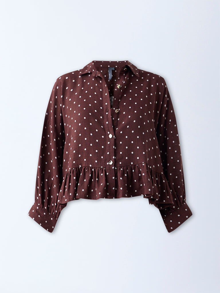 LOV Dark Brown Polka Dotted Peplum Top