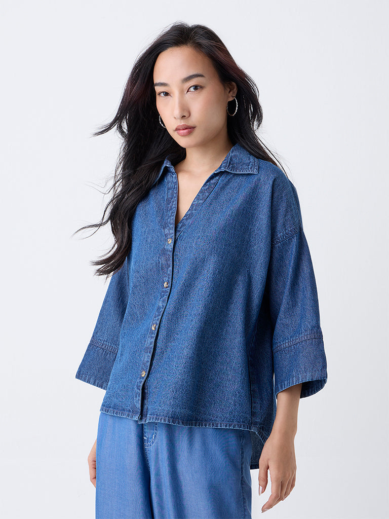 LOV Blue High-Low Denim Shirt