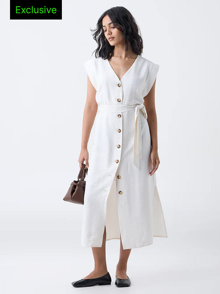 LOV White Solid A-Line Dress with Belt-Online Exclusive