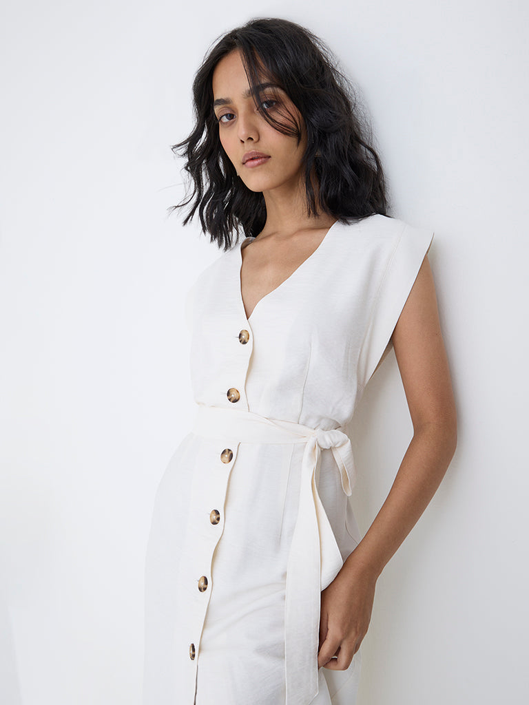 LOV White Solid A-Line Dress with Belt-Online Exclusive