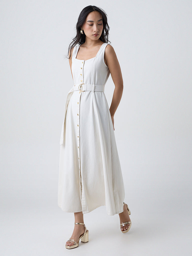 LOV Off-White Denim Shirt Dress with Belt