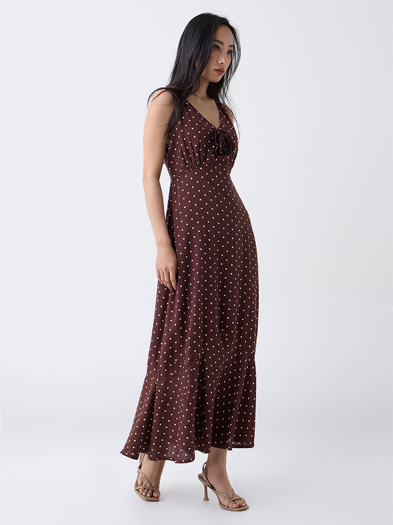 LOV Dark Brown Polka Dot Empire A-Line Dress