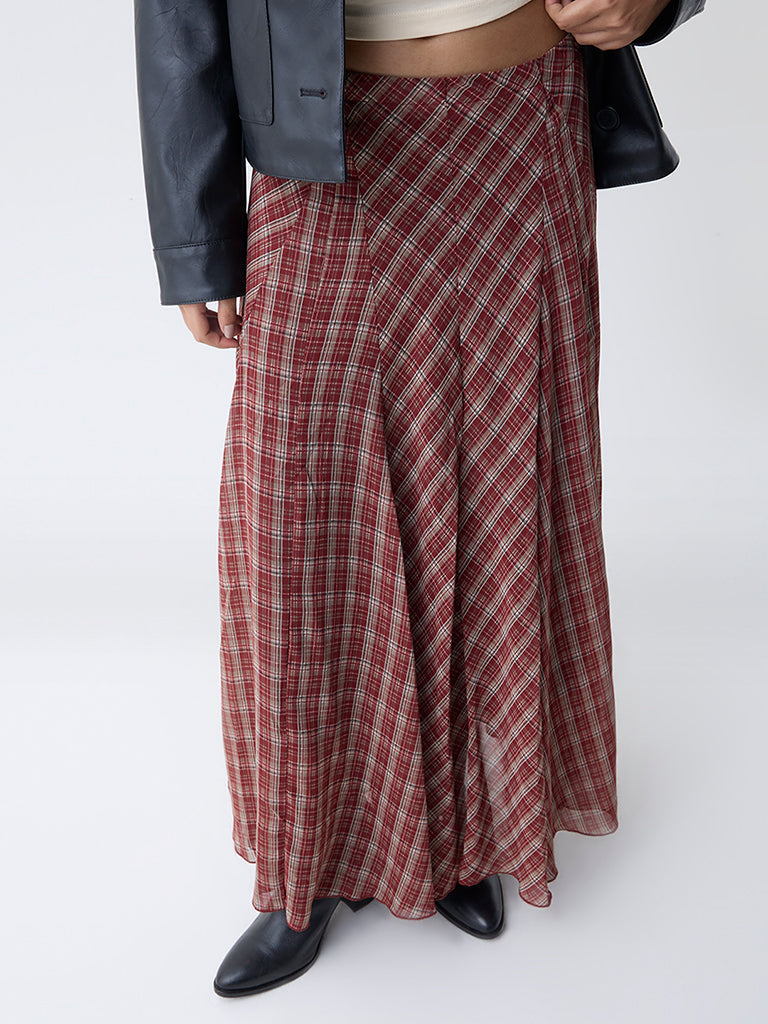 LOV Maroon Check Pattern High-Rise Skirt-Online Exclusive